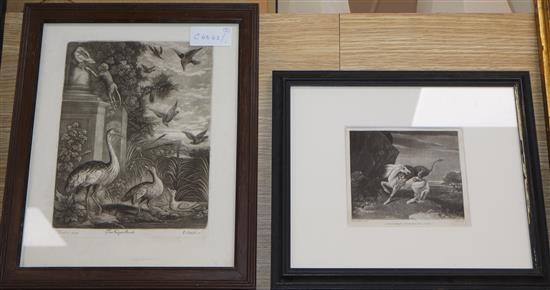 Smith after Barlow, mezzotint, The Kings Burds (sic), 23 x 18cm and another after Stubbs, Horse attacked by a lion, 11 x 13cm